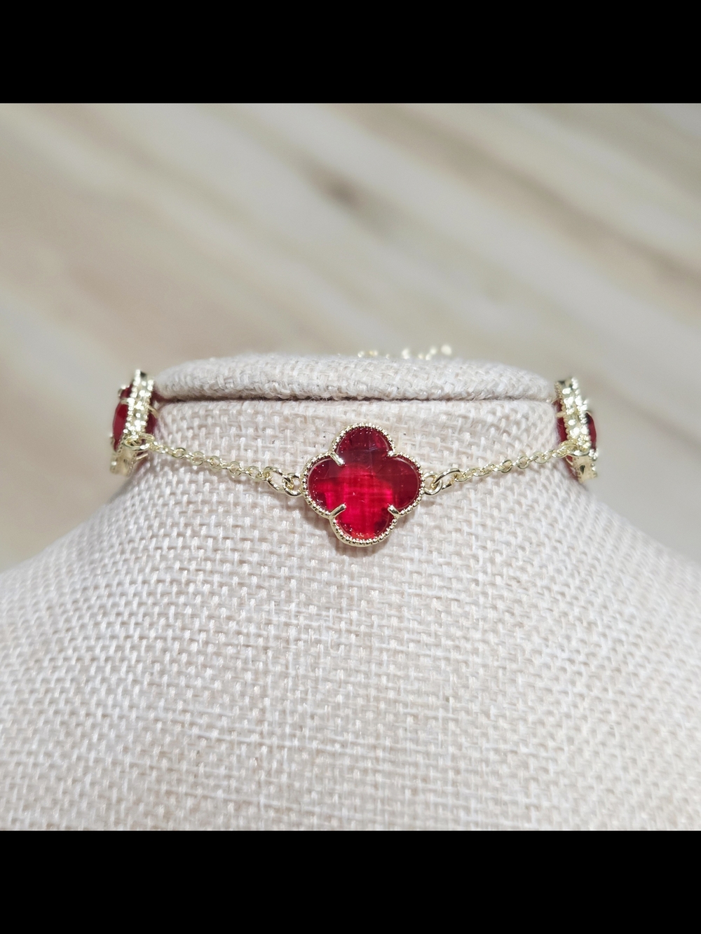 Gold Chain Bracelet with Red Clover Stones